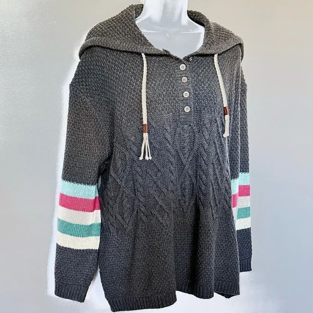 POL 💎 New Gray Cable-knit Sweater Hoodie Medium/Heavy Rare Detailing Warmth NWOT - Picture 6 of 16